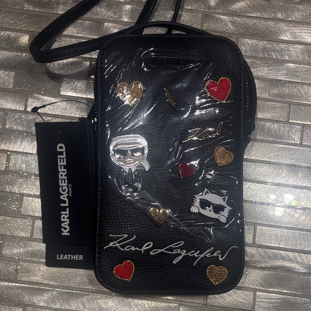 Karl Lagerfeld Black Crossbody Bag with Red and Gold Heart Accents